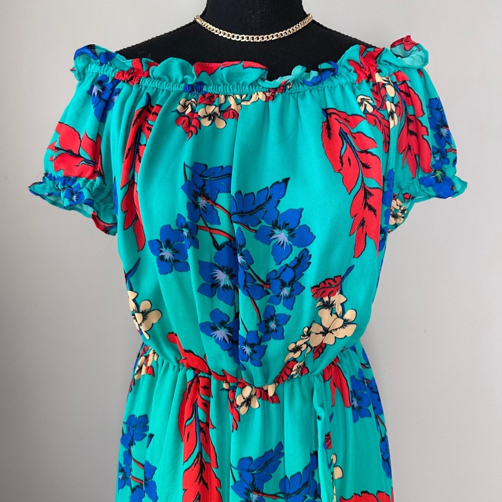 Belle Vere Maxi Dress Small Green Floral Print Off Shoulder Ruffle‎ Trim Cottage - Picture 12 of 16